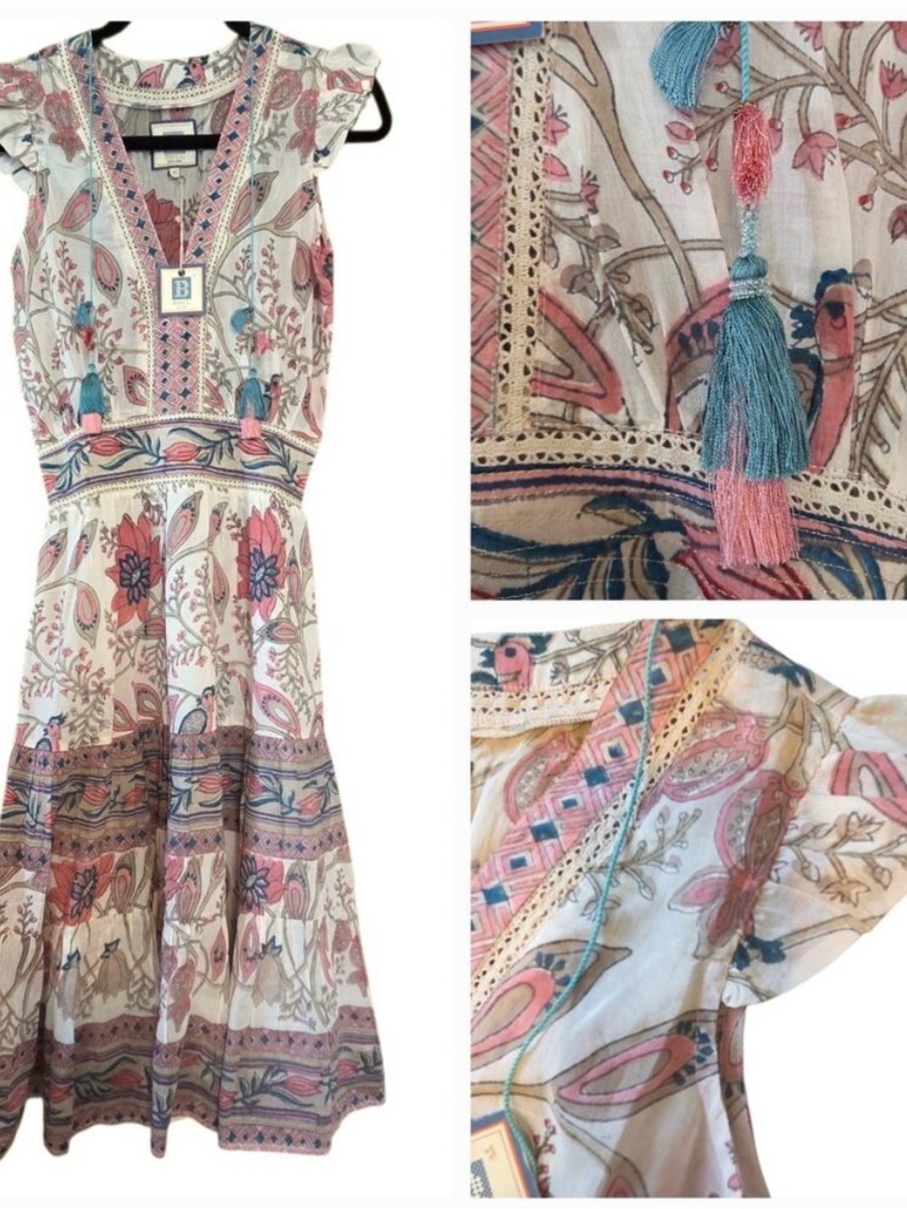 Belle by Alicia Bell Annabelle Maxi Dress Silk Blend Tiered Tassels Boho sz M